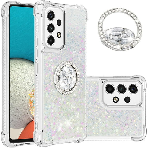 for Samsung Galaxy A53 5G Glitter Case with Ring Holder, Bling Sparkle Floating Liquid Soft TPU Cushion Fashion Girly Women Girls Clear Case Cover for Samsung Galaxy A53 5G Colorful