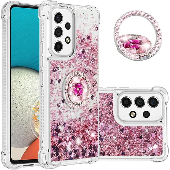 for Samsung Galaxy A53 5G Glitter Case with Ring Holder, Bling Sparkle Floating Liquid Soft TPU Cushion Fashion Girly Women Girls Clear Case Cover for Samsung Galaxy A53 5G Rose Gold