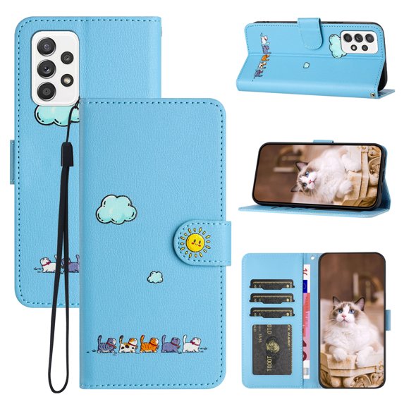 for Samsung Galaxy A53 5G Lovely Cartoon Pattern Wallet Flip PU Leather Case, with Wrist Strap / Credit Card Slots / Photo Slot / Cash Pocket Kickstand Cute Phone Cover for Galaxy A53 5G, Blue