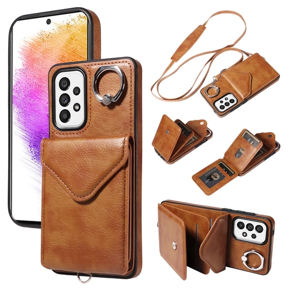 for Samsung Galaxy A53 5G PU Leather Back + TPU Frame Rugged Case, Classic 360 Rotating Ring Kickstand Card Slots Shoulder Strap Drop Protective Slim Fit Shockproof Phone Case Cover, Brown