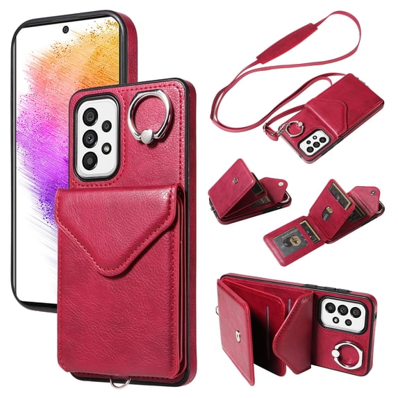 for Samsung Galaxy A53 5G PU Leather Back + TPU Frame Rugged Case, Classic 360 Rotating Ring Kickstand Card Slots Shoulder Strap Drop Protective Slim Fit Shockproof Phone Case Cover, Red