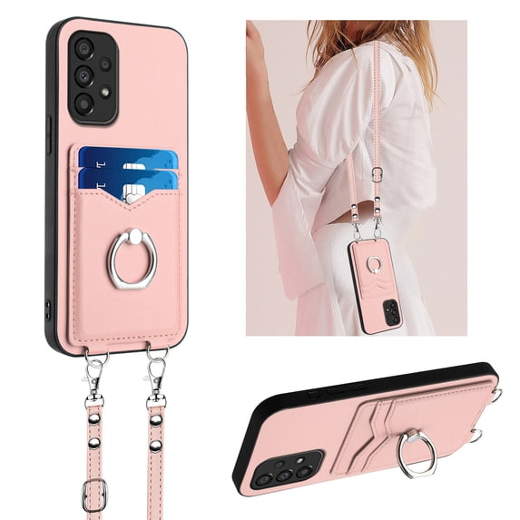 for Samsung Galaxy A53 5G PU Leather Phone Case Cover, Classic Shoulder Strap Card Slots Shockproof Protective Ring Bracket Anti-scratch Ultra Slim Back Case for Samsung Galaxy A53 5G - Rosegold