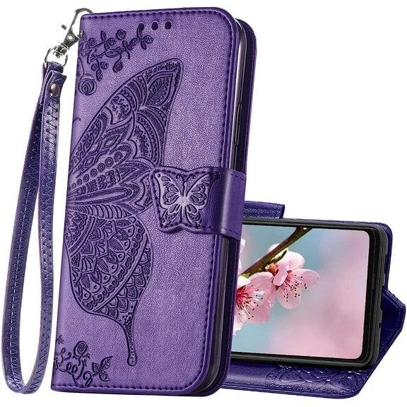 for Samsung Galaxy A53 5G Phone Case Wallet,Women Flip Folio Cover with Butterfly Embossed PU Leather Credit Card Holder Slots Magnetic Wrist Strap Purse for Samsung A53 5G (Purple)