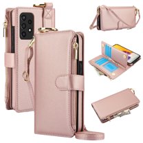 for Samsung Galaxy A53 5G Wallet Case with Card Holder - PU Leather Case Detachable Crossbody Strap & Wristband & Secure Ring, Shockproof Protective RFID Blocking Zipper Purse Phone Cover, Rosegold