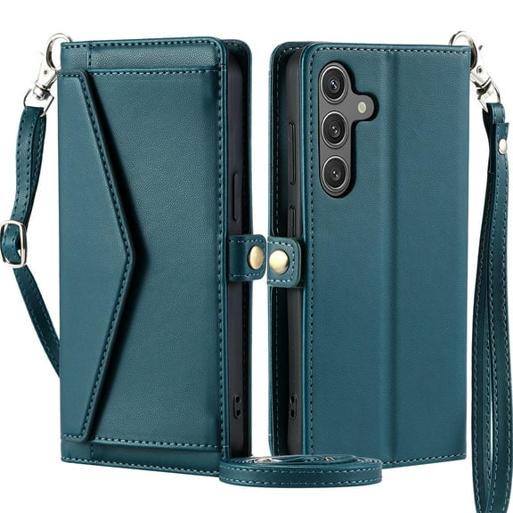 For Samsung Galaxy A53 5G Wallet Case, RFID Blocking Crossybody Shoulder Strap Hand Wrist Flip Cover Carsd Holder Snap Closure Protective Phone Case for Samsung Galaxy A53 5G, Green
