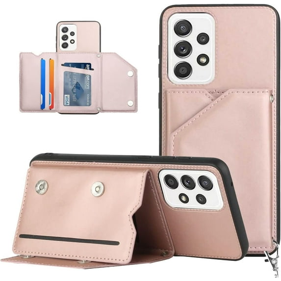 for Samsung Galaxy A53 5G Wallet Cover,Durable PU Leather Magnetic Closure Kickstand with Wrist Strap Credit Cards Pocket Shockproof Case for Samsung Galaxy A53 5G (Not 4G) YBFG Rose Gold