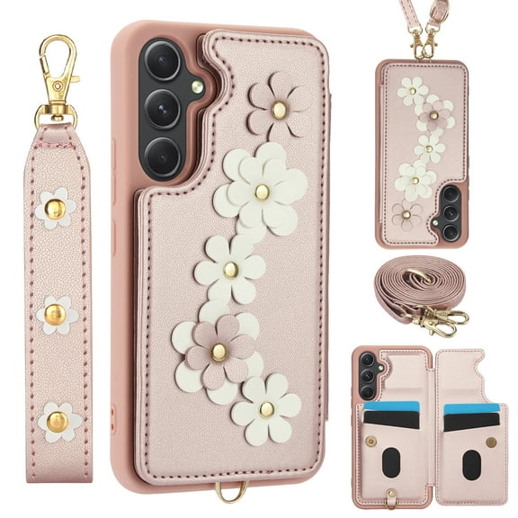 for Samsung Galaxy A54 5G 6.4-inch Crossbody Wallet Case, Women Flip Cover Flower Design PU Leather Kickstand Card Slots Wrist Strap Lanyard Purse Phone Case for Galaxy A54 5G 6.4-inch, Rosegold