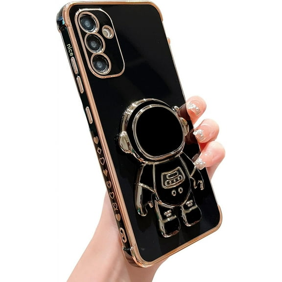for Samsung Galaxy A54 5G 6.6” Phone Case with Luxury Plating Cute Cartoon Astronaut Stand Holder Case with Side Cute Small Heart Pattern Soft Shockproof Kickstand Bumper Cover (Black)