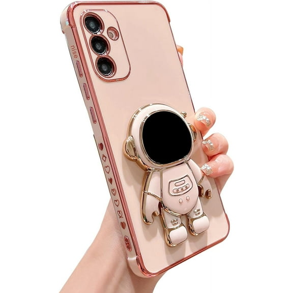 for Samsung Galaxy A54 5G 6.6” Phone Case with Luxury Plating Cute Cartoon Astronaut Stand Holder Case with Side Cute Small Heart Pattern Soft Shockproof Kickstand Bumper Cover (Pink)