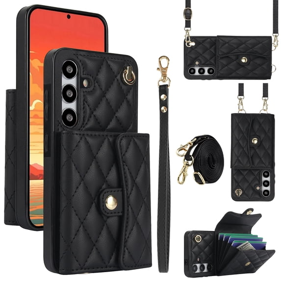 for Samsung Galaxy A54 5G Back Case, Luxury Ultra Slim Shockproof PU Leather Card Slots Kickstand Magnetic Snap Shoulder Strap & Wristlet RFID Blocking Cover for Samsung Galaxy A54 5G, Black