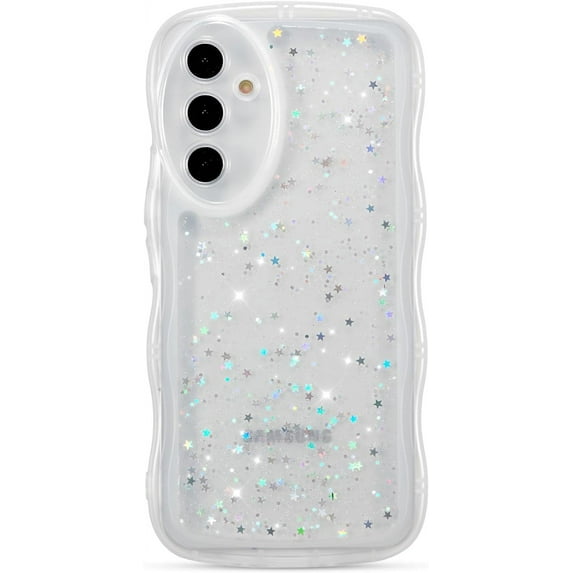 for Samsung Galaxy A54 5G Case 6.4",Cute Curly Wave Case with Star Glitter,Clear Shiny Bling Soft TPU Shockproof Phone Protecive Case for Women Girls-White