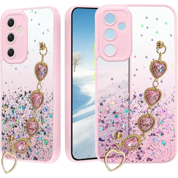 for Samsung Galaxy A54 5G Case Clear Glitter Silicone Soft, Shockproof Phone Case Samsung A54 5G Case with Chain Strap Bracelet for Women Aesthetic Thin Cover Pink Cute (Pink)