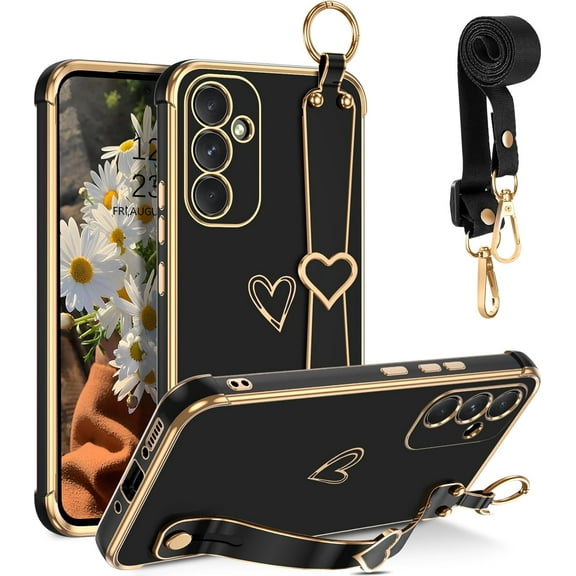 for Samsung Galaxy A54 5G Case, Cute Heart Wristband Lanyard Cross Body Strap Electroplated Camera Protection Shockproof Protective Case Women Girls for Samsung Galaxy A54 5G-Black