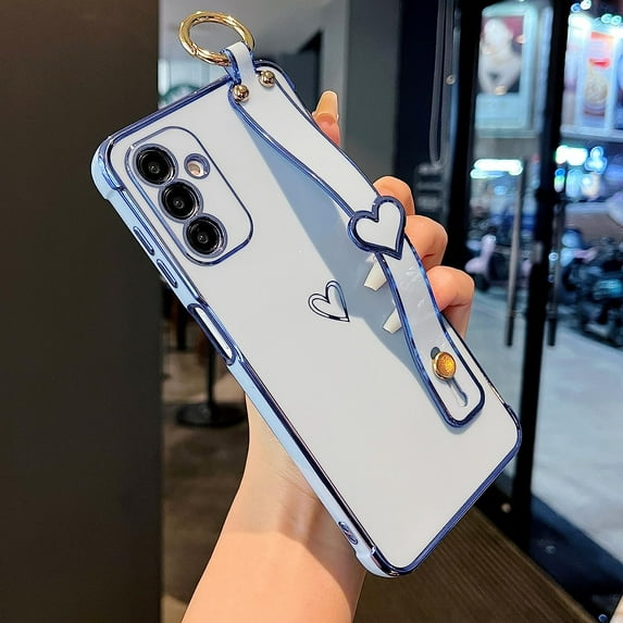 Samsung Galaxy A54 5G Case with Kickstand,Luxury Cute Plating Edge Love Hearts Pattern Wrist Strap Finger Holder for Girls Women,Soft Shockproof Cover for Galaxy A54 5G 6.4",Blue