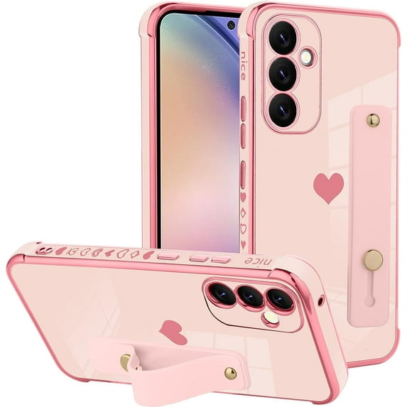 for Samsung Galaxy A54 5G Case Pink Love Hearts Design for Women Girl Men, Luxury Plating with Strap Stand Full Camera Lens Protection Bumper for Galaxy A54 5G