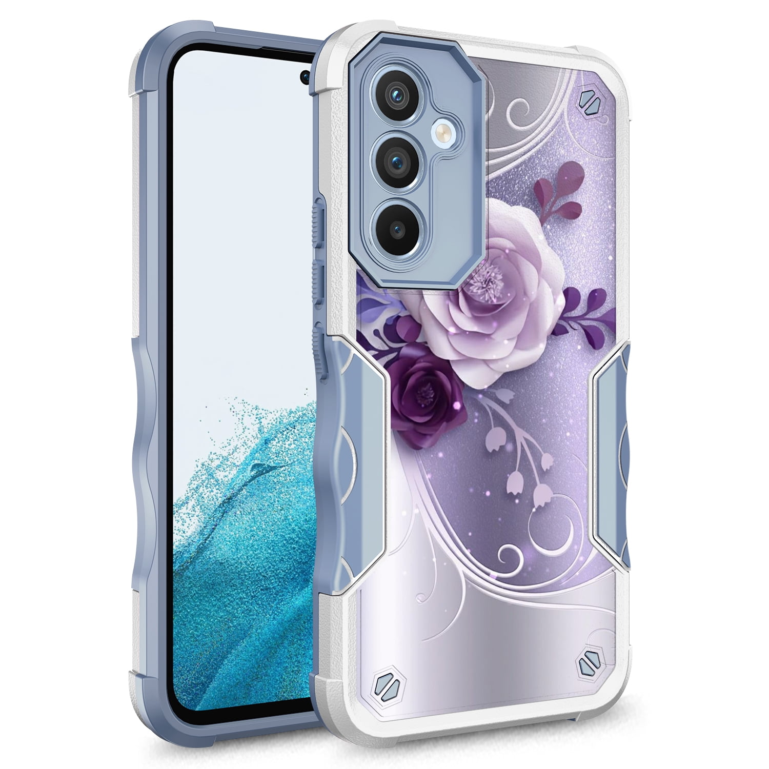 Samsung Galaxy A54 5G Case, Rosebono Hybrid Dual Layer Graphic Design  Pattern Heavy Duty Protection Case For Samsung Galaxy A54 5G (Purple Flower)