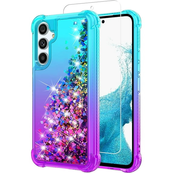 for Samsung Galaxy A54 5G Case,Samsung A54 5G Case,with HD Screen Protector,Gradient Quicksand Glitter Liquid Floating Waterfall Durable Girls Cute Phone Case for Galaxy A54 5G (Teal/Purple)