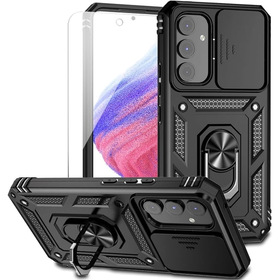 for Samsung Galaxy A54 5G Case with Slide Camera Cover HD Screen Protector [Military Grade 16ft. Drop Tested] Magnetic Ring Holder Kickstand Protective Phone Case for Samsung Galaxy A54 5G, Black
