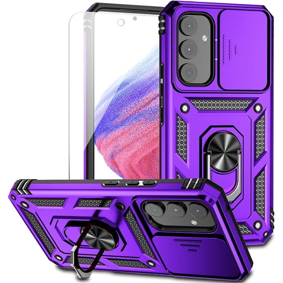 for Samsung Galaxy A54 5G Case with Slide Camera Cover HD Screen Protector [Military Grade 16ft. Drop Tested] Magnetic Ring Holder Kickstand Protective Phone Case for Samsung Galaxy A54 5G, Purple