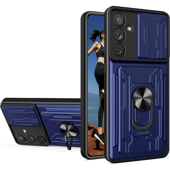 for Samsung Galaxy A54 5G Case with Slide Camera Cover, Heavy Duty Protective with Ring Kickstand & Card Holder Cell Phone Case for Samsung Galaxy A54 5G LJK Blue