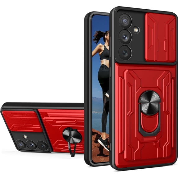 for Samsung Galaxy A54 5G Case with Slide Camera Cover, Heavy Duty Protective with Ring Kickstand & Card Holder Cell Phone Case for Samsung Galaxy A54 5G LJK Red