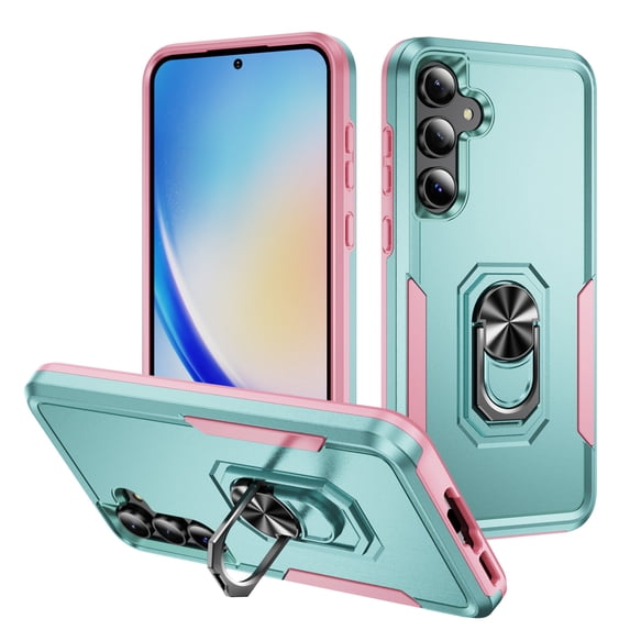 for Samsung Galaxy A54 5G Case, Slim Fit Military Grade Drop Tested Dual Layer Shockproof Case with 360 Ring Holder Kickstand Protective Rugged Car Magnetic Non-Slip Phone Case,Green+Pink