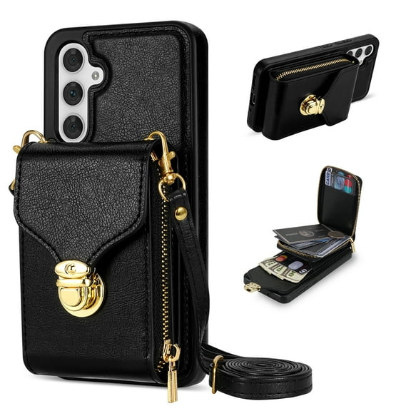 for Samsung Galaxy A54 5G Case Wallet with Shoulder Strap for Women - Crossbody Lanyard,Zipper Pocket,Credit Card Holder,Shockproof - Metal Buckle Closure Premium PU Leather Case, Black