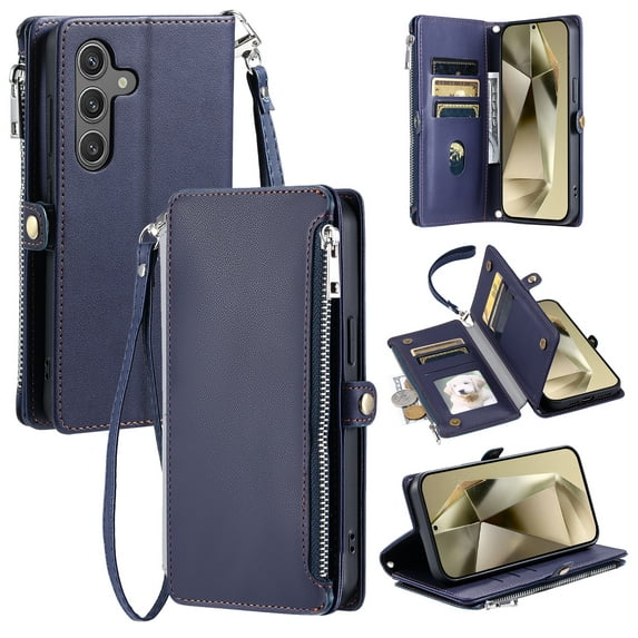For Samsung Galaxy A54 5G Crossbody/Shoulder Strap Case Wallet Card Holder RFID Blocking Magnetic Closure PU Leather Flip with Wrist Strap Zipper Credit Card Slots Shockproof Cover, Darkblue