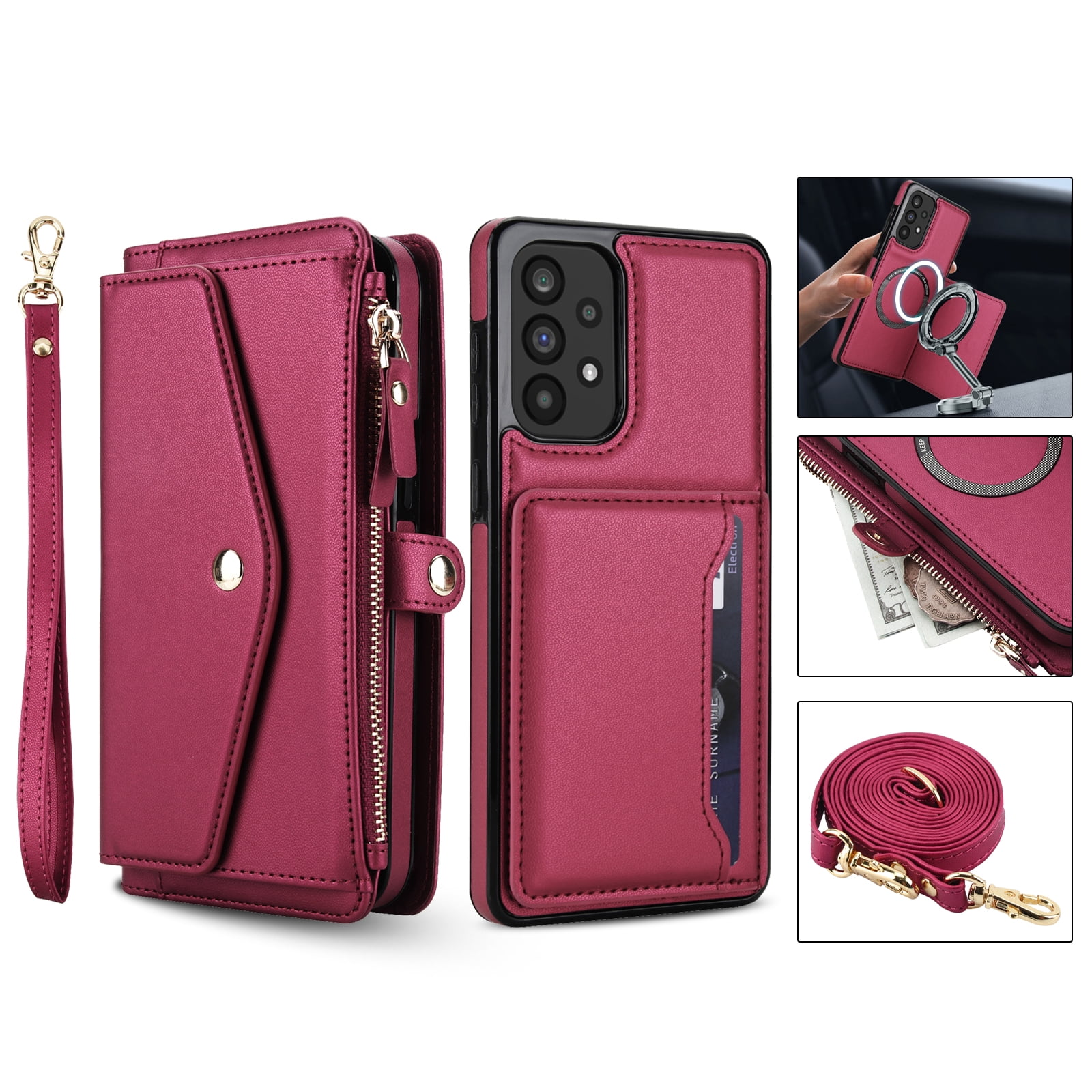 For Samsung Galaxy A54 5G Crossbody Wallet Phone Case,Magnetic Detachable Flip,With Shoulder Strap&Wrist Strap,Zipper Pocket,Card&Cash Slots,PU Leather Shockproof Rugged Phone Case,Red