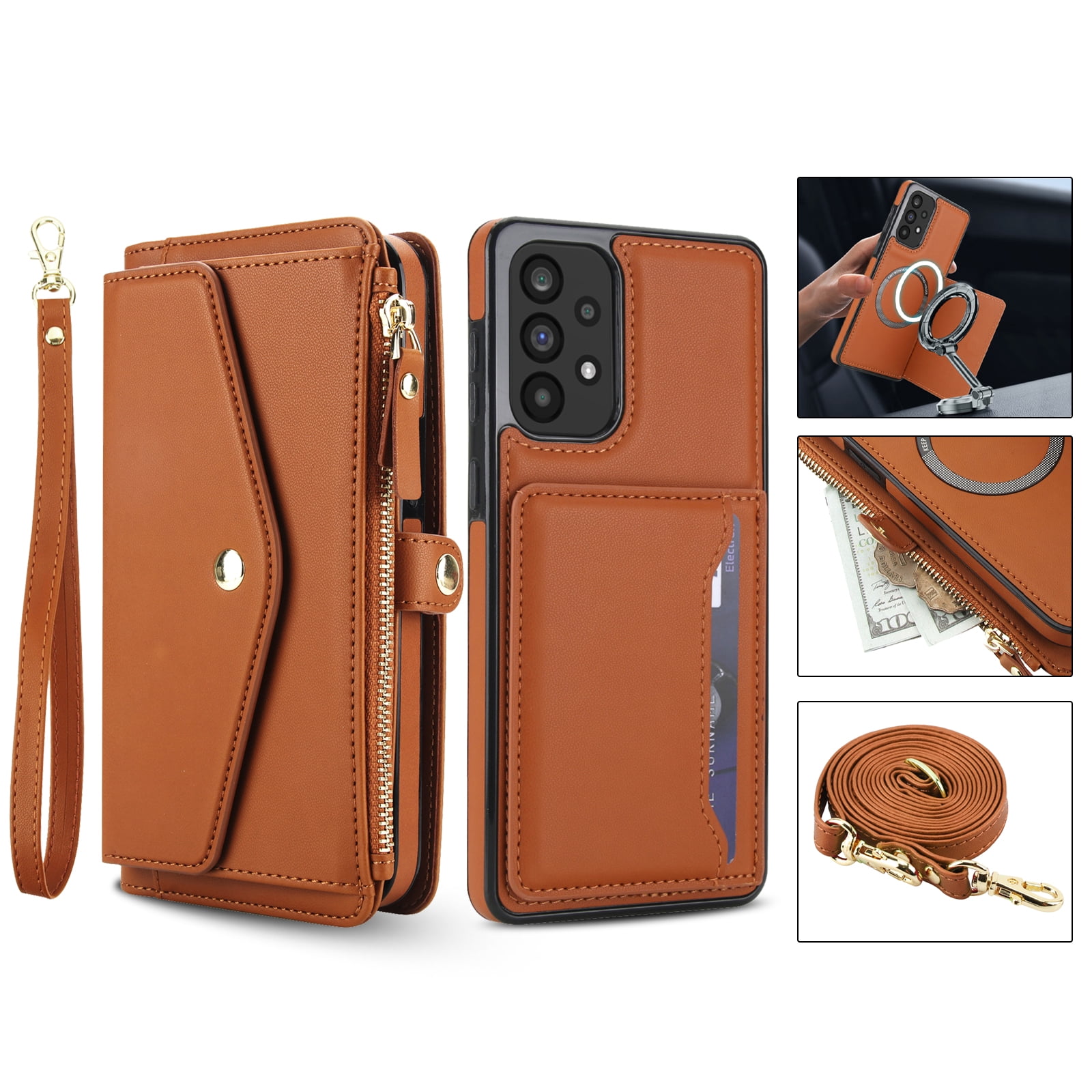 For Samsung Galaxy A54 5G Crossbody Wallet Phone Case,Magnetic Detachable Flip,With Shoulder Strap&Wrist Strap,Zipper Pocket,Card&Cash Slots,PU Leather Shockproof Rugged Phone Case,Brown