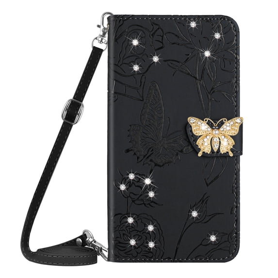 for Samsung Galaxy A54 5G Flower Pattern Wallet Case, with Wrist Hand Strap Crossbody Lanyard, Sparkle Rhinestone Butterfly Cover with Card Slots & Kickstand & Magnetic Clasp Case, Black #1