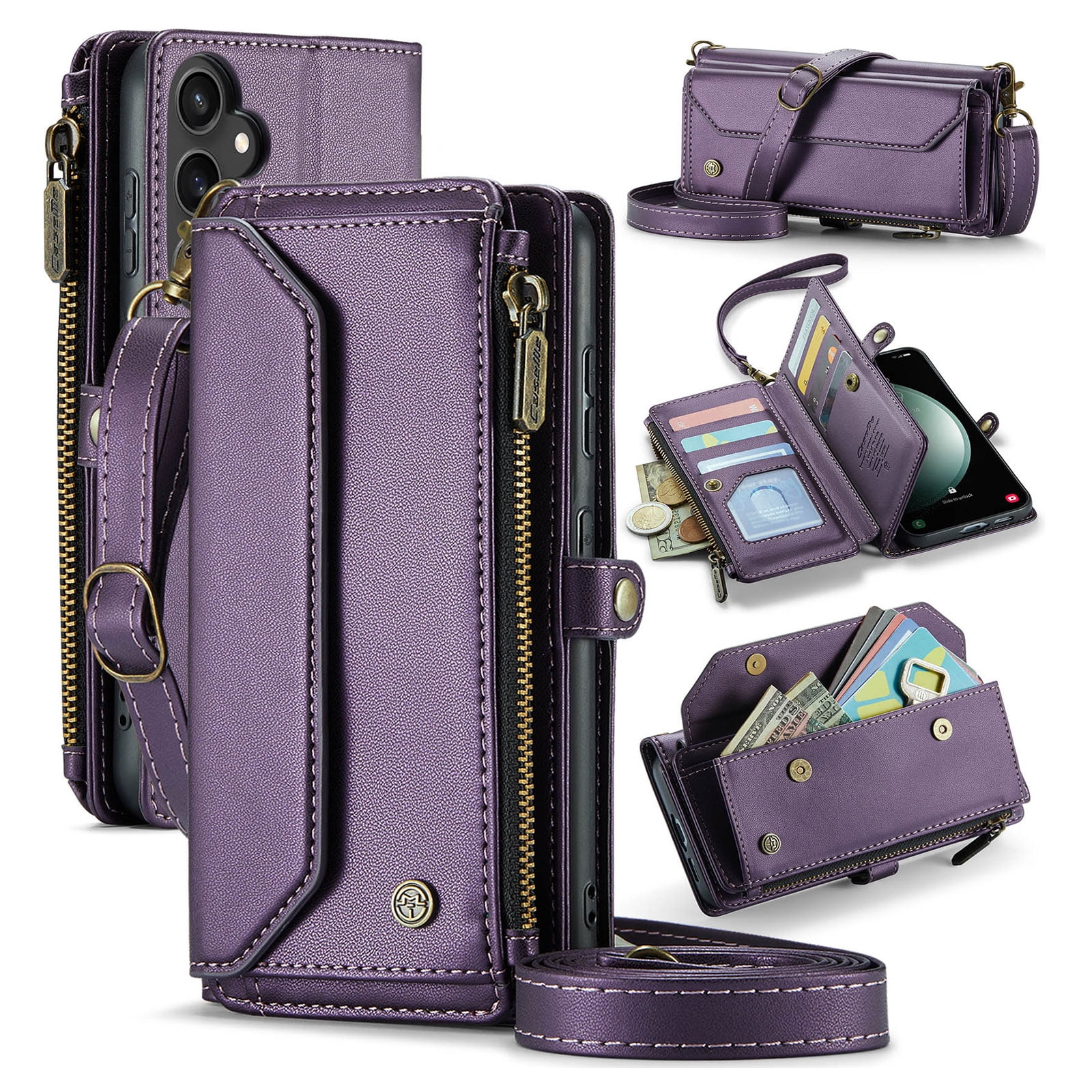 for Samsung Galaxy A54 5G Full Body Protection Wallet Folio Flip Case, Shoulder Strap & Wristlet Card Slots Zipper Pocket RFID Blocking Rugged Durable PU Leather Phone Case Cover, Purple