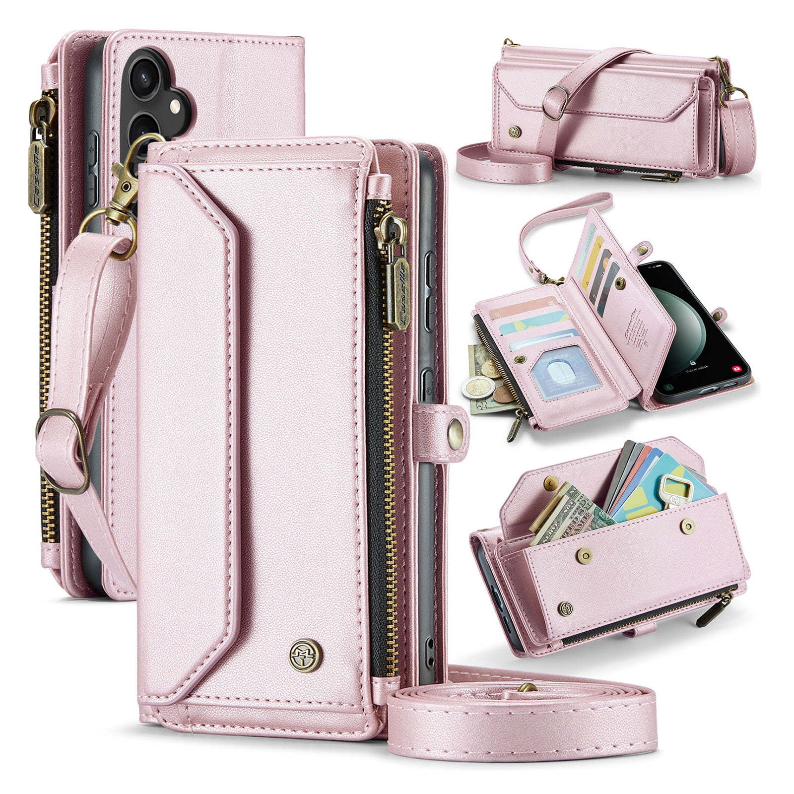 for Samsung Galaxy A54 5G Full Body Protection Wallet Folio Flip Case, Shoulder Strap & Wristlet Card Slots Zipper Pocket RFID Blocking Rugged Durable PU Leather Phone Case Cover, Pink