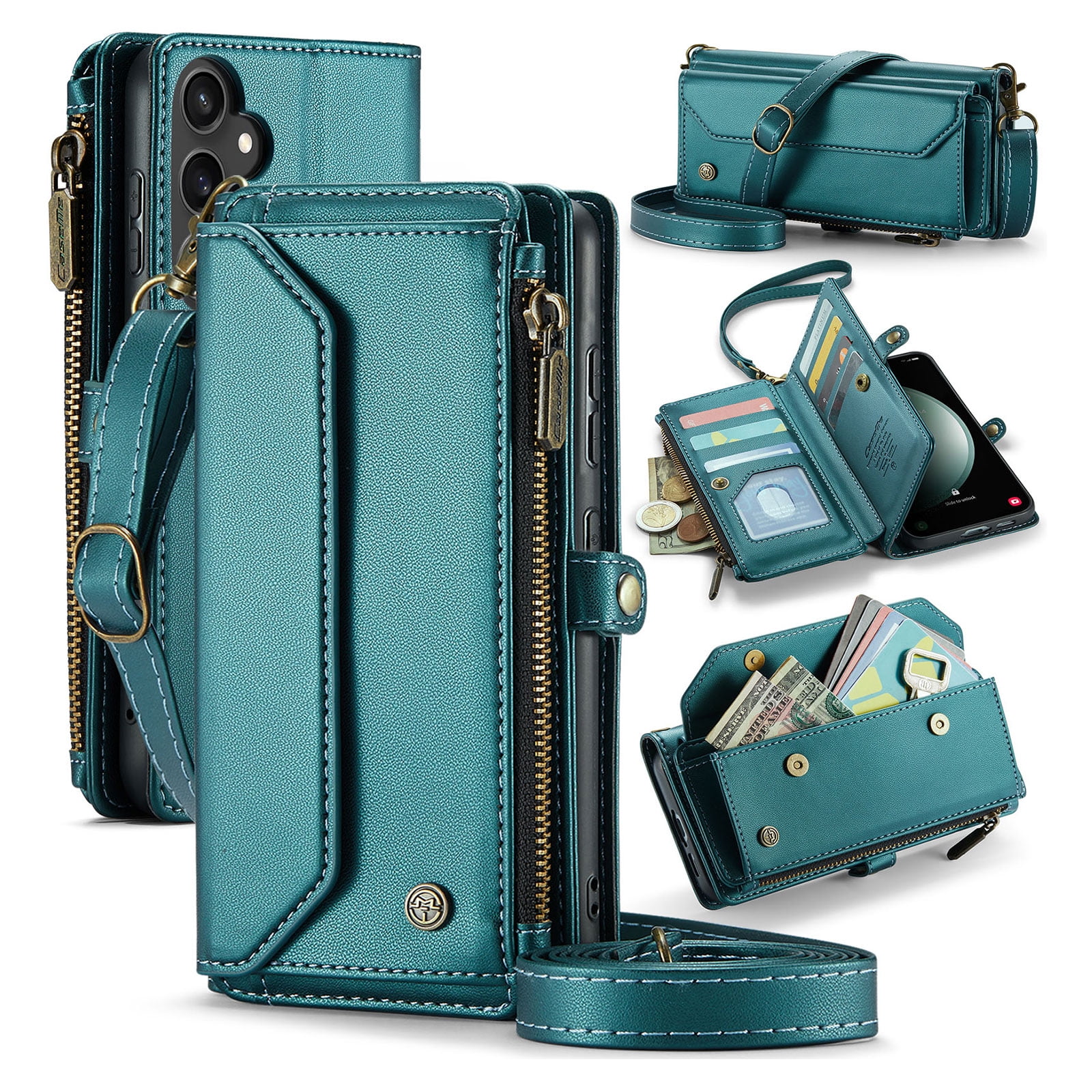 for Samsung Galaxy A54 5G Full Body Protection Wallet Folio Flip Case, Shoulder Strap & Wristlet Card Slots Zipper Pocket RFID Blocking Rugged Durable PU Leather Phone Case Cover, Green