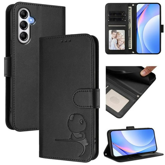 For Samsung Galaxy A54 5G Litter Panda Embossing Leather Phone Case with RFID Blocking Card Slot Wallet Magnetic Clasp Lanyard Flip Stand Case,Black,For Galaxy A54 5G