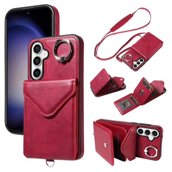 for Samsung Galaxy A54 5G PU Leather Back + TPU Frame Rugged Case, Classic 360 Rotating Ring Kickstand Card Slots Shoulder Strap Drop Protective Slim Fit Shockproof Phone Case Cover, Red