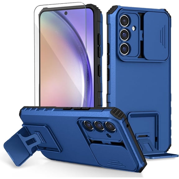 for Samsung Galaxy A54 5G Phone Case with Tempered Glass Screen Protector Slide Camera Lens Kickstand Military-Grade Bumpers  Shockproof Protective Cover for Women Men Girls Blue