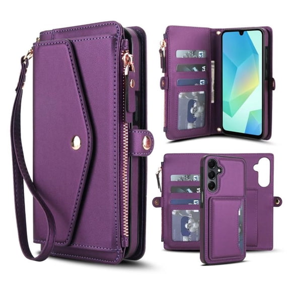 For Samsung Galaxy A54 5G 【RFID Blocking】Multi functional 2-in-1 Soft PU Leather Wallet Case Magnetic Flip Cover Multi-Card Slots Zipper Pocket With Detachable Shoulder Strap And Wrist Strap,Purple