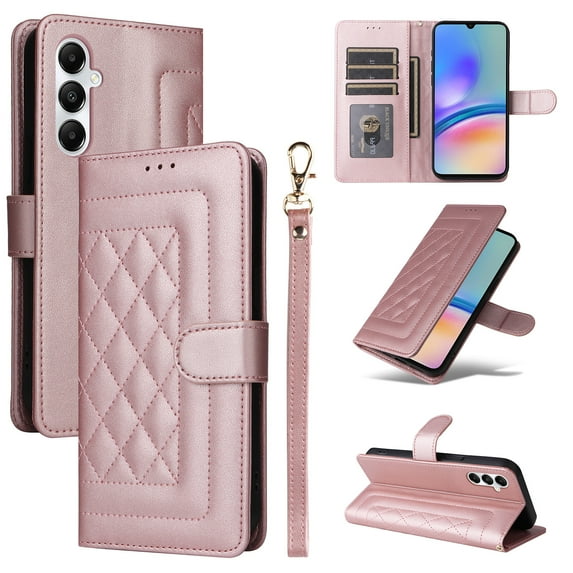 for Samsung Galaxy A54 5G Thin Fit Case Cover, Premium PU Leather Magnetic Wallet Flip Case with Stand Bracket Holder Flip Cover with Card Slots and Wrist Strap for Samsung Galaxy A54 5G - Rosegold
