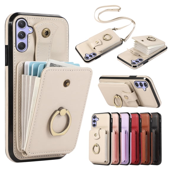 for Samsung Galaxy A54 5G Wallet Case with Card Holder, PU Leather Case with Ring Holder Kickstand, Snap Button Card Slots Case for Women Men for A54 5G with Crossbody Strap - Beige