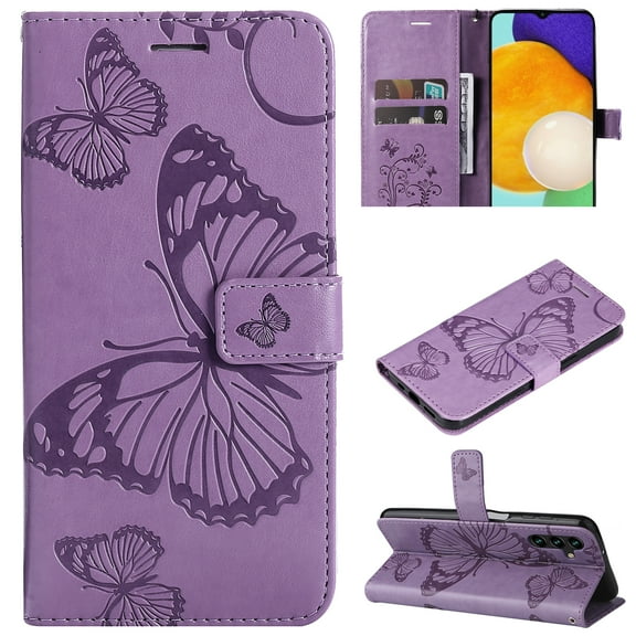 for Samsung Galaxy A54 5G Wallet Case, Kickstand Case with Credit Card Holder, Embossed Butterfly Pattern with Strap Premium PU Leather Magnetic Closure Shockproof Protective Flip Cover, Purple