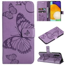 for Samsung Galaxy A54 5G Wallet Case, Kickstand Case with Credit Card Holder, Embossed Butterfly Pattern with Strap Premium PU Leather Magnetic Closure Shockproof Protective Flip Cover, Purple