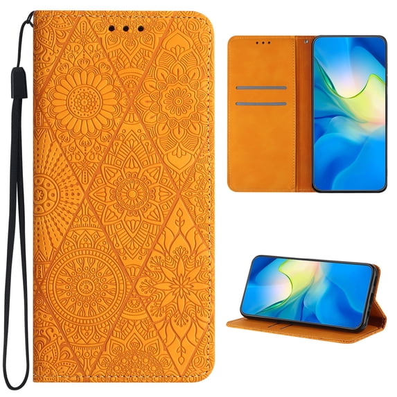 for Samsung Galaxy A54 5G Wallet Case for Men Women, Business Embossed Flip Folio Kickstand PU Leather Case with Card Holder Wristlet Hand Strap, Stand Protective Cover for A54 5G,Yellow
