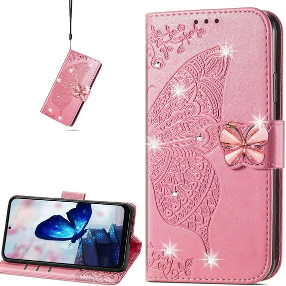 for Samsung Galaxy A54 5G Wallet Case for Women Girls, Shiny Butterfly Flower PU Leather Cover with Card Slot Holder Flip Phone Case for Samsung Galaxy A54 5G Rhinestone Pink