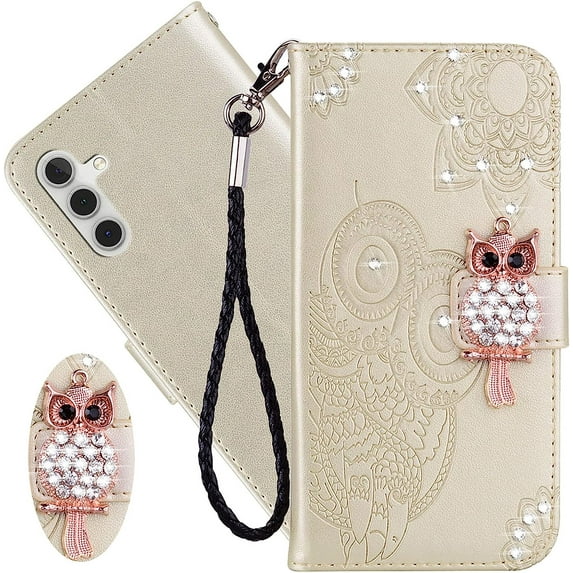 for Samsung Galaxy A54 5G Wallet Case for Women, Glitter Bling Diamond PU Leather Folio Cover with Card Slot Wrist Strap Built-in Kickstand Protective Case for Samsung Galaxy A54 5G Owl Gold
