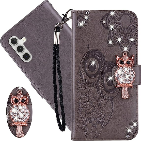 for Samsung Galaxy A54 5G Wallet Case for Women, Glitter Bling Diamond PU Leather Folio Cover with Card Slot Wrist Strap Built-in Kickstand Protective Case for Samsung Galaxy A54 5G Owl Grey