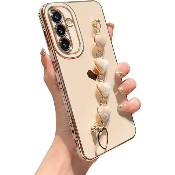 for Samsung Galaxy A54 5g 6.6" Phone Case with Cute Love Heart Bracelet Strap Luxury Plating Cute Side Hearts Cover with Hand Chain for Women Camera Protection Soft Shockproof Bumper (White)