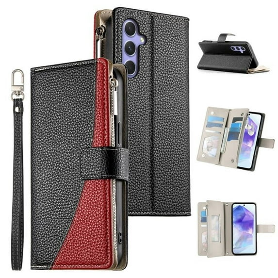 For Samsung Galaxy A55 5G 6.6" Splicing Multi Card Slots/Pocket Zipper Wallet Strong Magnetic Attachment/Closure, PU Leather Flip Wallet Case With Hanging Rope,Black,For Galaxy A55 (5G)