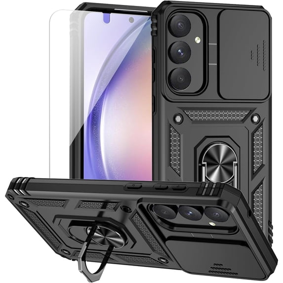 for Samsung Galaxy A55 5G Case with Camera Lens Cover HD Screen Protector, Dual Layer Military-Grade Drop Tested Magnetic Ring Holder Kickstand Protective Phone Case for Samsung Galaxy A55 5G (Black)