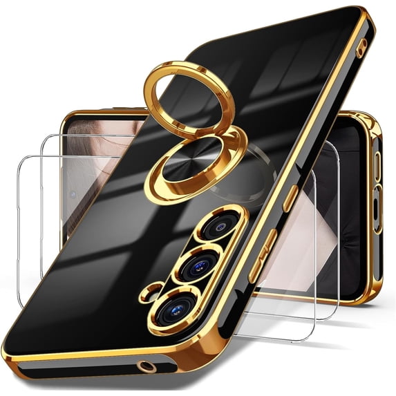 for Samsung Galaxy A55 5G Case, Screen Protector, 360° Rotatable Ring Holder Magnetic Kickstand,Plated Gold Edge Slim Soft TPU Protective Phone Cover for Galaxy A55 5G (Black)